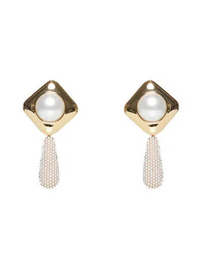 Self-portrait Gold Pearl Crystal Bar Earrings In Metallic