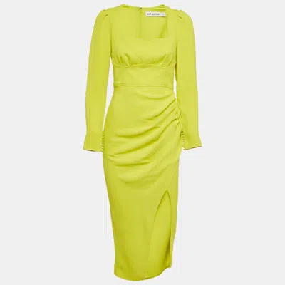 Pre-owned Self-portrait Green Crepe Ruche Midi Dress S In Yellow
