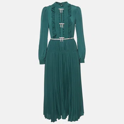Pre-owned Self-portrait Green Crystal Embellished Crepe Pleated Midi Dress M