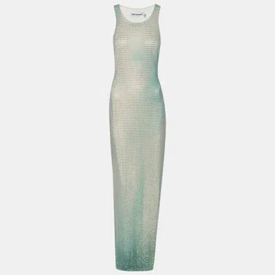 Pre-owned Self-portrait Green Crystal Embellished Gradient Mesh Maxi Dress M