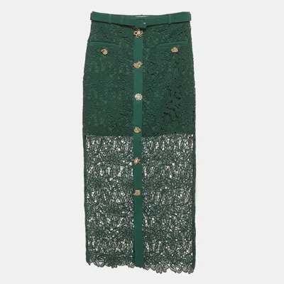 Self-portrait Green Guipure Lace Belted Midi Skirt