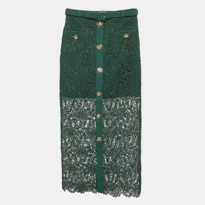Pre-owned Self-portrait Green Guipure Lace Belted Midi Skirt S