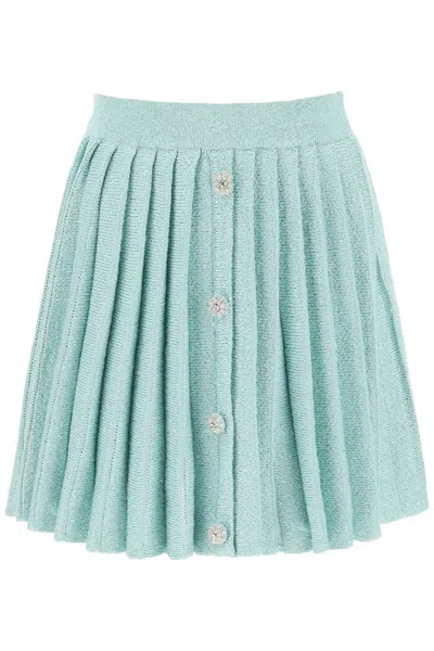Self-portrait Green Pleated Knit Skirt With Elastic Waistband And Embellished Buttons