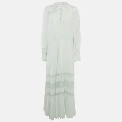 Pre-owned Self-portrait Green Plisse Crepe Lace Trimmed Maxi Dress M