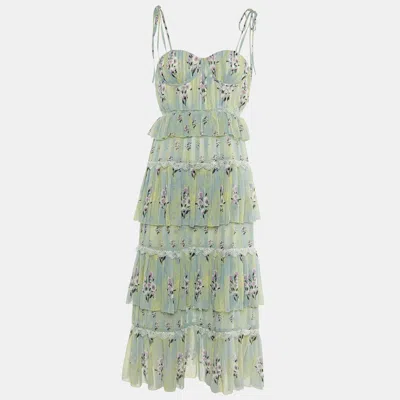 Pre-owned Self-portrait Green Printed Chiffon Tiered Midi Dress S