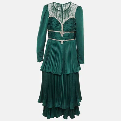 Pre-owned Self-portrait Green Satin Crystal Embellished Tiered Maxi Dress L