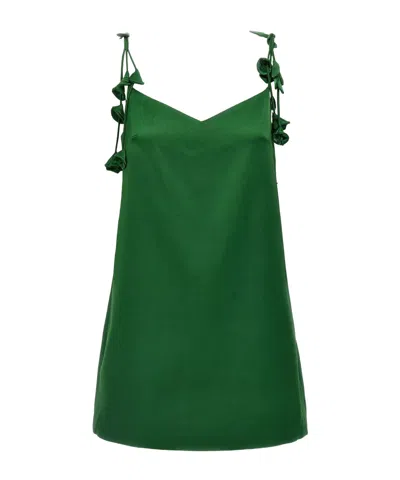 Self-portrait Green Mini Dress With V Neck And Shoulder Straps With Floral Embellishments