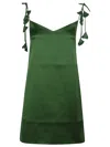 Self-portrait Green Mini Dress With V Neck And Shoulder Straps With Floral Embellishments In Tech Fabric Woman
