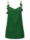 Self-portrait Green Mini Dress With V Neck And Shoulder Straps With Floral Embellishments In Tech Fabric Woman