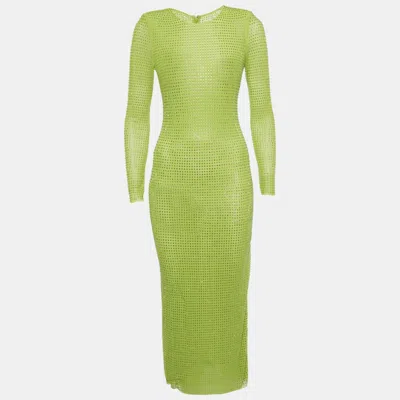 Pre-owned Self-portrait Green Studded Mesh Long Sleeve Midi Dress S