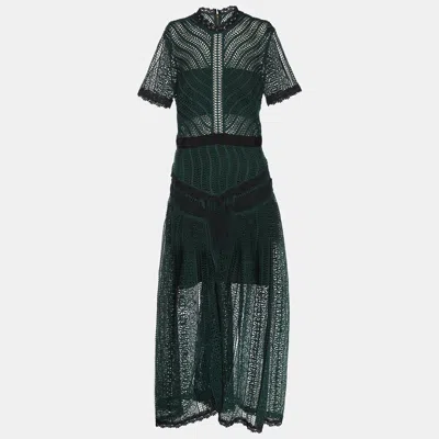 Pre-owned Self-portrait Green Wave Lace Midi Dress S