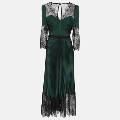 Pre-owned Self-portrait Green/black Satin And Lace Pleated Belted Midi Dress S