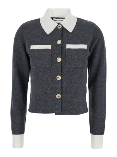 Self-portrait Grey Contrast Collar Cardigan In Gray