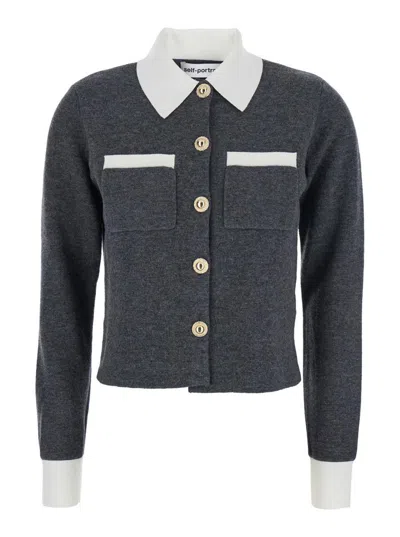 SELF-PORTRAIT GREY CROPPED CARDIGAN WITH CONTRASTING CLASSIC COLLAR AND TWO FRONT PATCH POCKETS IN WOOL BLEND WOMA
