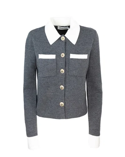 Self-portrait Grey Cardigan With Contrasting Collar In Gray