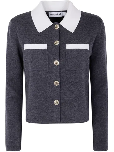 Self-portrait Grey Contrast Collar Cardigan In Gray
