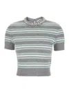 Self-portrait Grey Cropped Top Wih Crewneck With Crystal Embellishments And All-over Striped Motif In Wool Blend W In Multi