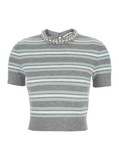 Self-portrait Grey Cropped Top Wih Crewneck With Crystal Embellishments And All-over Striped Motif In Wool Blend W In Multi