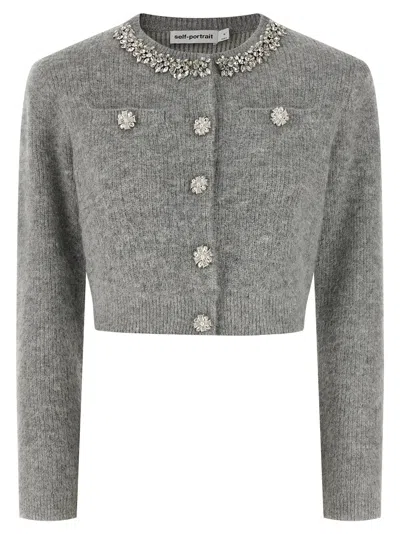 Self-portrait Self Portrait 'grey Fluffy Crystal Trim' Cardigan In Gray