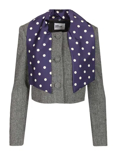 Self-portrait Grey Herringbone Scarf Detail Jacket Jackets Grey In Multi