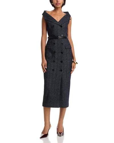Self-portrait Grey Herringbone Wool Midi Dress In Gray
