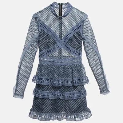Pre-owned Self-portrait Grey Lace Tiered Mini Dress S