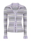 Self-portrait Grey Cardigan With Spread Collar And All-over Striped Motif In Viscose Blend Woman In Gray