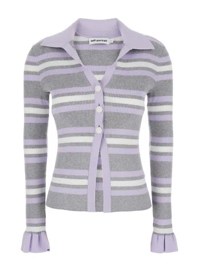 Self-portrait Grey Stripe Rib Knit Top
