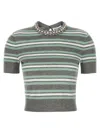 Self-portrait Grey Striped Crystal Trim Knit Sweaters And Cardigans Gray In Gray
