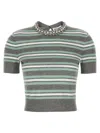 Self-portrait Grey Striped Crystal Trim Knit Sweaters And Cardigans Gray
