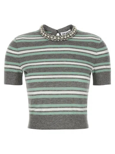 Self-portrait Grey Striped Crystal Trim Knit Sweater