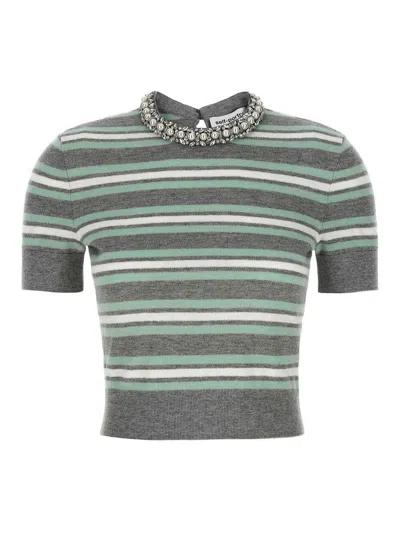 Self-portrait Grey Striped Crystal Trim Knit Sweater