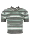 Self-portrait Grey Striped Crystal Trim Knit Sweaters And Cardigans Gray In Gray
