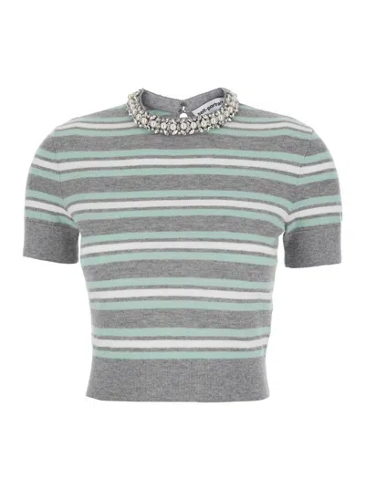 Self-portrait Grey Striped Crystal Trim Knit Top