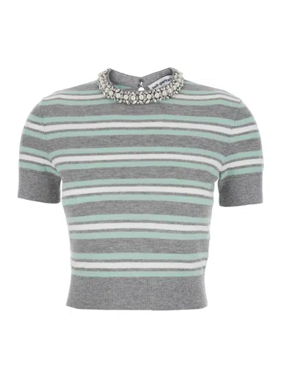 Self-portrait Grey Striped Crystal Trim Knit Top