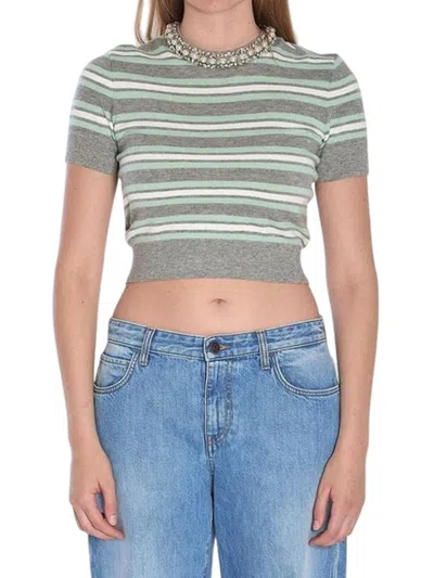 SELF-PORTRAIT SELF-PORTRAIT GREY STRIPED SWEATER WITH CRYSTAL TRIM