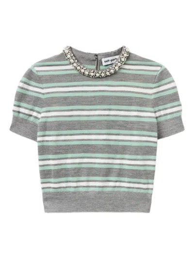 SELF-PORTRAIT GREY STRIPED SWEATER WITH CRYSTAL TRIM