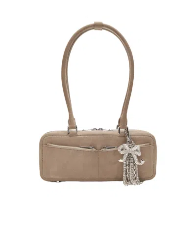 Self-portrait Grey Suede Baguette Shoulder Bag With Charm In Gray