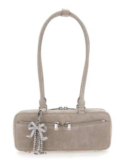 Self-portrait Grey Suede Baguette Shoulder Bag With Charm