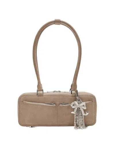 Self-portrait Grey Suede Baguette Shoulder Bag With Charm In Gray