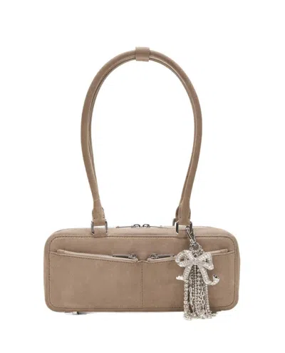 Self-portrait Grey Suede Baguette Shoulder Bag With Charm In Multi