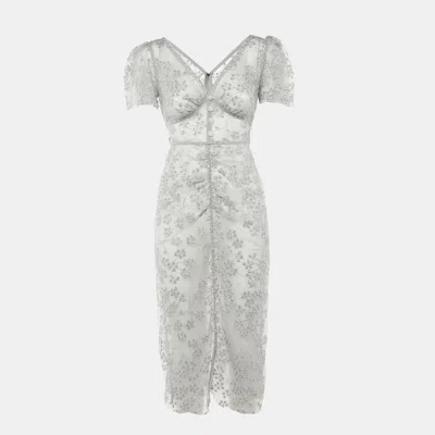Pre-owned Self-portrait Grey Tulle Embroidered Blossom Fitted Midi Dress M In Gray