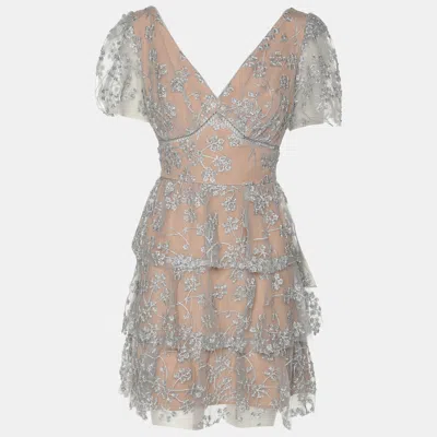 Pre-owned Self-portrait Self Portrait Grey/beige Mesh Embroidered Blossom Tiered Mini Dress S