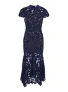 Self-portrait Guipure Blue Long Dress With Lace Design And Adjustable Waist Belt In Fabric Woman In Blue
