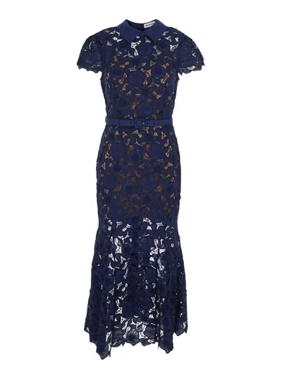 Self-portrait Guipure Blue Long Dress With Lace Design And Adjustable Waist Belt In Fabric Woman