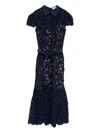 Self-portrait Guipure Blue Long Dress With Lace Design And Adjustable Waist Belt In Fabric Woman In Blue