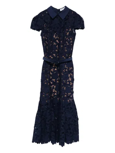 Self-portrait Guipure Blue Long Dress With Lace Design And Adjustable Waist Belt In Fabric Woman