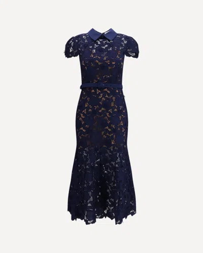 Self-portrait Guipure Blue Long Dress With Lace Design And Adjustable Waist Belt In Fabric Woman
