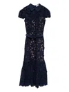 Self-portrait Guipure Blue Long Dress With Lace Design And Adjustable Waist Belt In Fabric Woman In Blue
