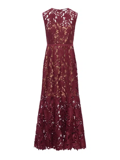 Self-portrait Fitted Guipure Lace Midi Dress With Removable Belt In Red